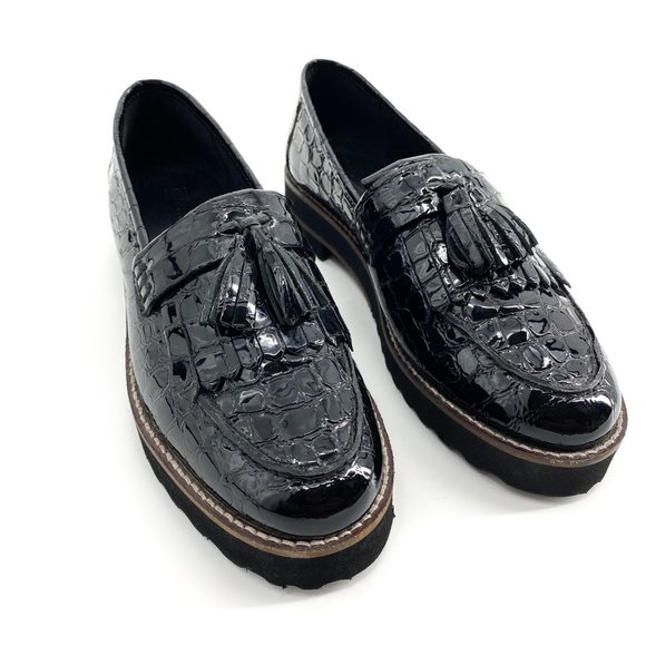 ASOS DESIGN Croc Meze Chunky Fringed Patent Leather Loafers - Picture 3 of 16